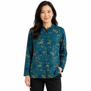 Teddi Tunic Blouse Womens Small Blue Floral Mandarin Collar Button Front Top